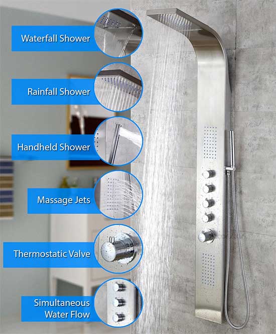 Decor Star Shower Panel Features: Waterfall and Rainfall Heads, Handheld Unit, Massage Jets and Thermostatic Valve