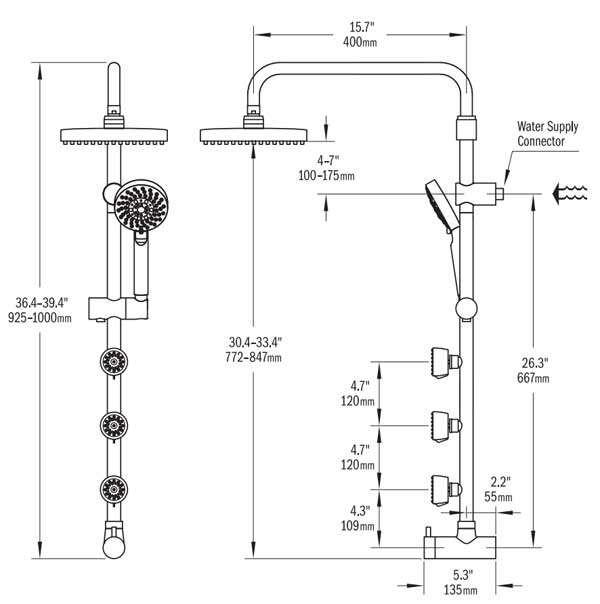 Pulse Shower Spa Dimensions and Measurements Diagram