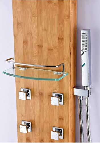 Shower Panel Features Including Soap Shelf, Handheld Wand, Massage Jets